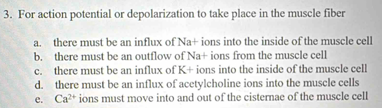 For action potential or depolarization to take place in the muscle fiber 
a. there must be an influx of Na+ ions into the inside of the muscle cell 
b. there must be an outflow of Na+ ions from the muscle cell 
c. there must be an influx of K+ ions into the inside of the muscle cell 
d. there must be an influx of acetylcholine ions into the muscle cells 
e. Ca^(2+) ions must move into and out of the cisternae of the muscle cell