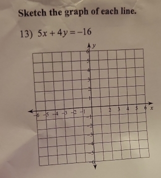 Sketch the graph of each line. 
13) 5x+4y=-16