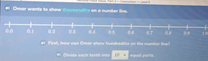 Detimal Place Valué, Part 2 — Instruction — Level F 
Omar wants to show thousandths on a number line.
0.0 0.1 0.2 0.3 0.4 0.5 0.6 0.7 0.8 0.9 1.0
First, how can Omar show hundredths on the number line? 
Divide each tenth into 10 equal parts.