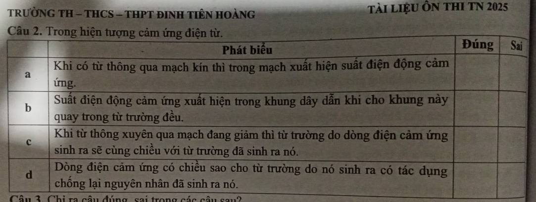 TRƯỜNG TH - THCS - THPT ĐINH TIÊN HOÀNG Tài LIệU Ôn tHI TN 2025
Câu 3. Chi ra câu đúng sai trong các câu sau2