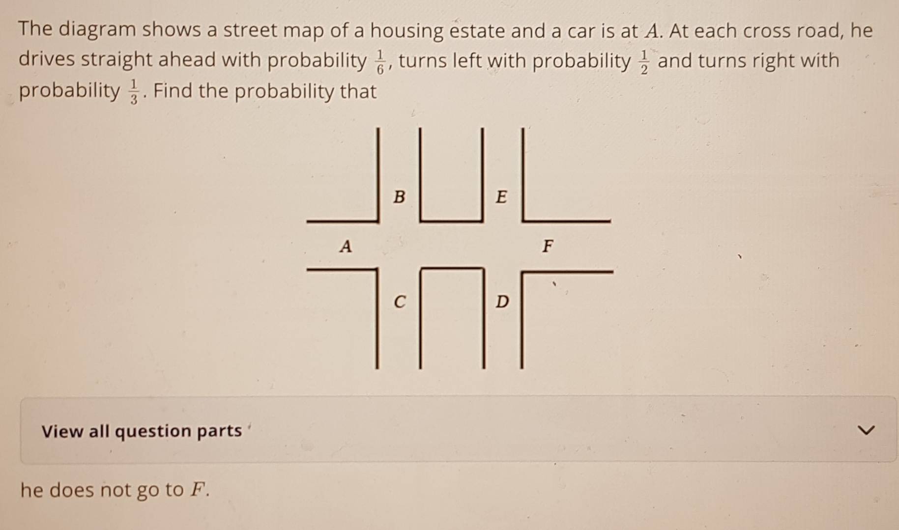 The diagram shows a street map of a housing estate and a car is at A. At each cross road, he 
drives straight ahead with probability  1/6  , turns left with probability  1/2  and turns right with 
probability  1/3 . Find the probability that 
View all question parts 
he does not go to F.