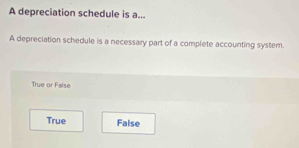 A depreciation schedule is a...
A depreciation schedule is a necessary part of a complete accounting system.
True or False
True False