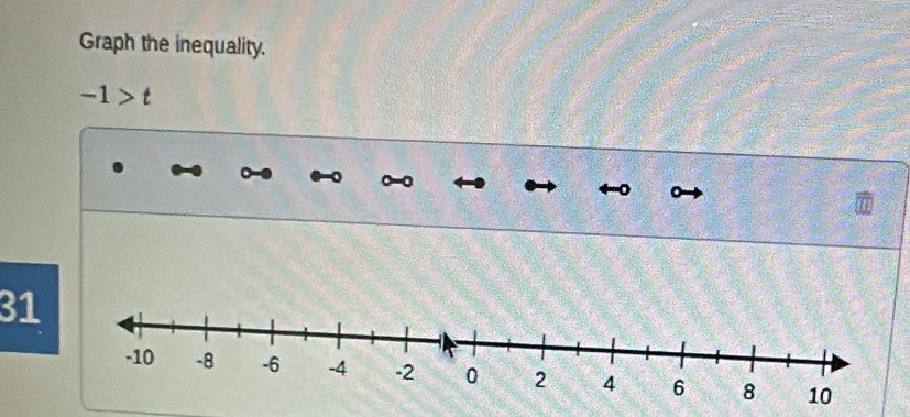 Graph the inequality.
-1>t
31