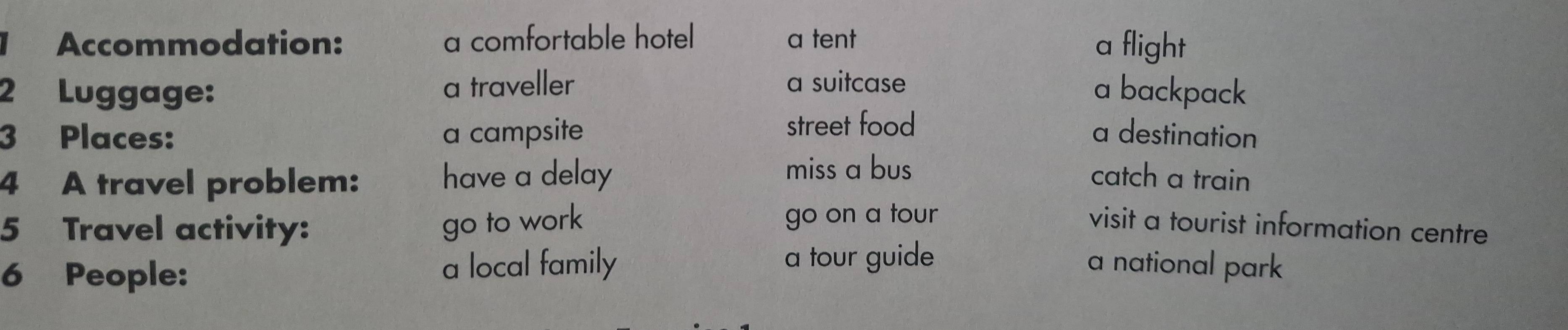 Accommodation: a comfortable hotel a tent a flight
2 Luggage: a traveller a suitcase
a backpack
street food
3 Places: a campsite a destination
4 A travel problem: have a delay miss a bus catch a train
5 Travel activity: go to work go on a tour visit a tourist information centre
a tour guide
6 People: a local family a national park