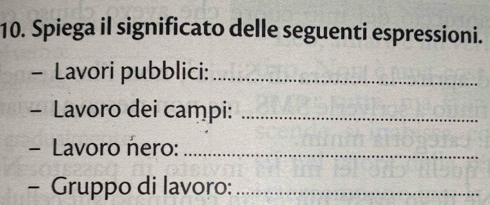 Spiega il significato delle seguenti espressioni. 
- Lavori pubblici:_ 
- Lavoro dei campi:_ 
- Lavoro nero:_ 
- Gruppo di lavoro:_