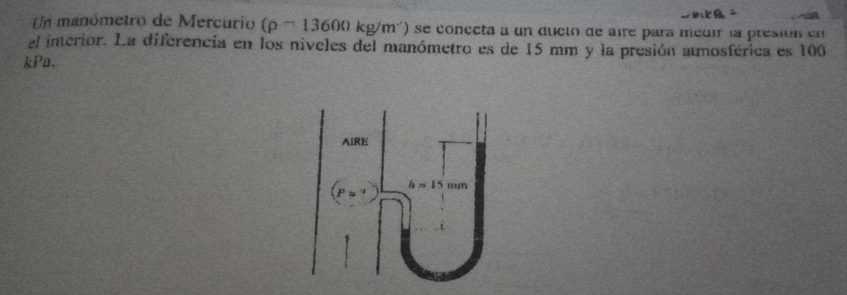 Un manómetro de Mercurio (rho -13600kg/m^(..)) se conecta a un ducto de aire para médir la presión en 
el interior. La diferencia en los niveles del manómetro es de 15 mm y la presión amosférica es 100
kPa. 
AIRE
(Papprox ?) h=15nun