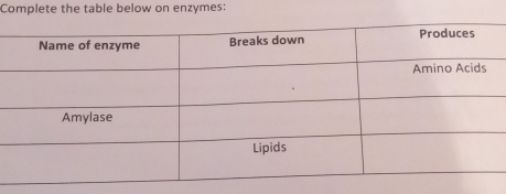 Complete the table below on enzymes: