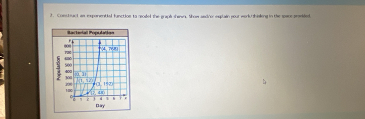 Construct an exponential function to model the graph shown. Show and/or explain your work/thinking in the space provided.