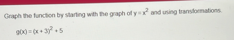 Graph the function by starting with the graph of y=x^2 and using transformations.
g(x)=(x+3)^2+5