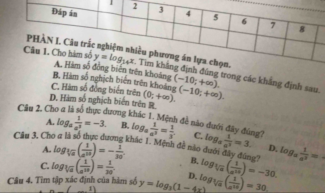 khắng định sau.
biến trên khoảng (-10;+∈fty ).
C. Hàm số đồng biến trên (0;+∈fty ). (-10;+∈fty ).
D. Hàm số nghịch biến trên R.
Câu 2. Cho
lương khác 1. Mệnh đề nào dưới đây đúng?
A. log _a 1/a^3 =-3. B. log _a 1/a^3 = 1/3 .
Câu 3. Ch C. log _a 1/a^3 =3.
A. log _sqrt[3](a)( 1/a^(10) )=- 1/30 .
D.
Khác 1. Mệnh đề nào đưới đây đúng?
C. log _sqrt[3](a)( 1/a^(10) )= 1/30 .
B.
D. log _sqrt[3](a)( 1/a^(10) )=-30. log _a 1/a^3 =
Câu 4. Tìm tập xác định của hàm số y=log _3(1-4x) log _sqrt[3](a)( 1/a^(10) )=30.
1