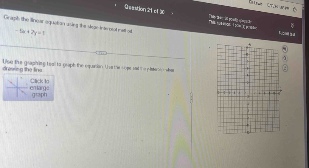 Kia Lewis 10/21/24 11:08 PM 
Question 21 of 30 This test: 30 point(s) possible 
This question: 1 point(s) possible Submit test 
Graph the linear equation using the slope-intercept method.
-5x+2y=1
Use the graphing tool to graph the equation. Use the slope and the y-intercept when 
drawing the line. 
Click to 
enlarge 
graph