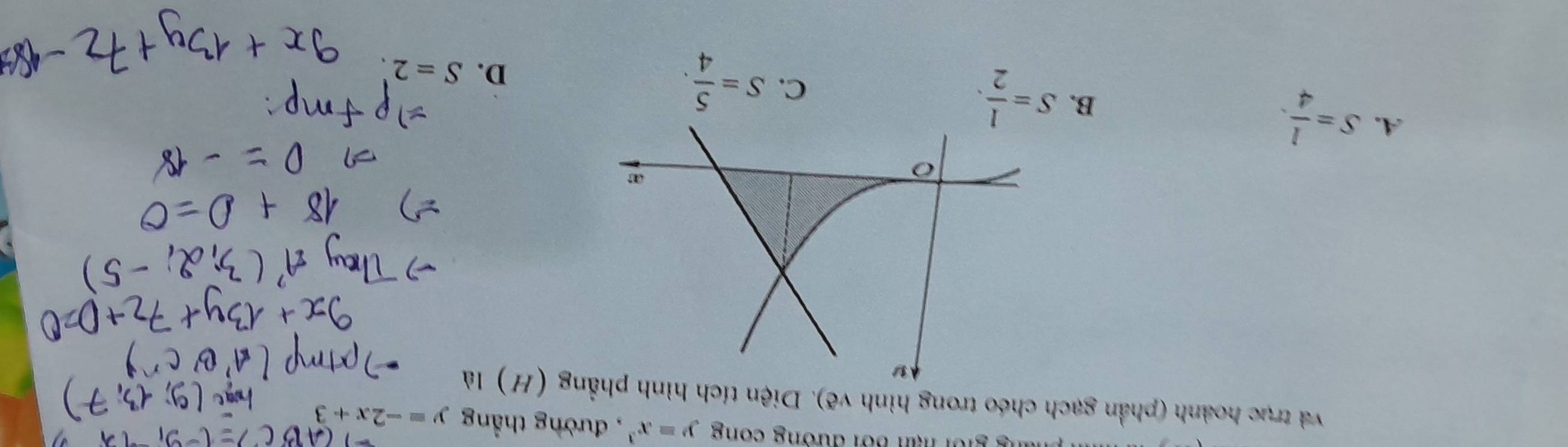 lùng giới hạn bối đương cong y=x^3 , đường thẳng y=-2x+3
và trục hoành (phần gạch chéo trong hình ve) 0. Diện tích hìng (H) là
A. S= l/4 .
B. S= 1/2 .
C. S= 5/4 .
D. S=2.