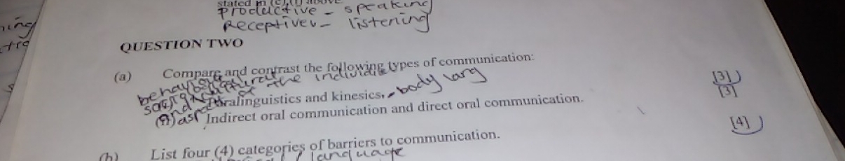 QUESTION TWO 
(a) Compare and contrast the following types of communication: 
aralinguistics and kinesics. 
Indirect oral communication and direct oral communication. 
(h) List four (4) categories of barriers to communication. [4]