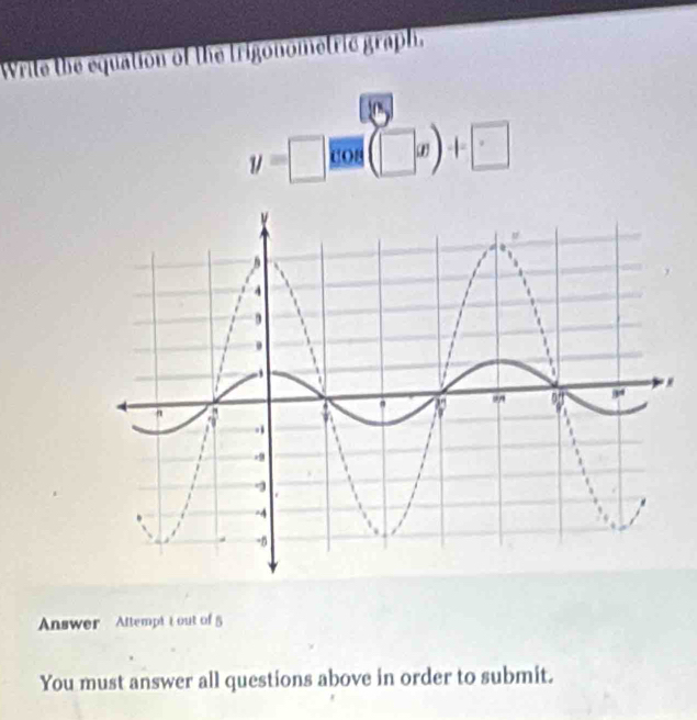 Write the equation of the trigonometric graph,
y=□ CO8 (□ ,x)+□
Answer Altempt t out of 5 
You must answer all questions above in order to submit.