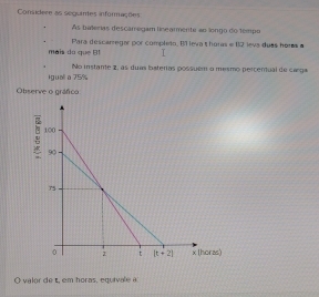 Considere as seguintes informações
As bialerias descarregam linearmente ao longo do tempo
mais do que B1 Para descarregar por completo, B1 leva thoras e 112 leva duas hers a
1 No instante 2, as duas baterias possuém o mesmo percentual de carga
Iguali a 75%
Observe o gráfico
E
)
O valor de t, em horas, equivale a