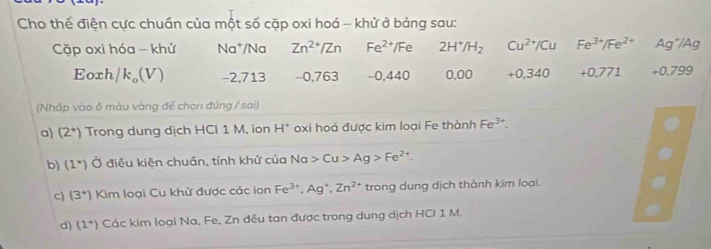 Cho thế điện cực chuẩn của một số cặp oxi hoá - khử ở bảng sau: 
Cặp oxi hóa - khử Na^+ /Na Zn^(2+)/Zn Fe^(2+)/Fe 2H^+/H_2 Cu^(2+)/Cu Fe^(3+)/Fe^(2+) Ag^+/Ag
Eoxh/ k_o(V) -2,713 -0,763 -0,440 0,00 +0.340 +0,771 +0.799
(Nhấp vào ô màu vàng để chọn đúng / sai) 
a) (2^*) Trong dung dịch HCI 1 M, ion H^+ oxi hoá được kim loại Fe thành Fe^(3+). 
b) (1^*) Ở điều kiện chuẩn, tính khử của Na>Cu>Ag>Fe^(2+)
c (3^*) Kim loại Cu khử được các ion Fe^(3+), Ag^+, Zn^(2+) trong dung dịch thành kim loại. 
d) (1^*) Các kim loại Na, Fe, Zn đều tan được trong dung dịch HCI 1 M.