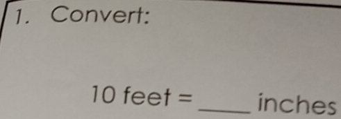 Convert:
10 feet = _ inches