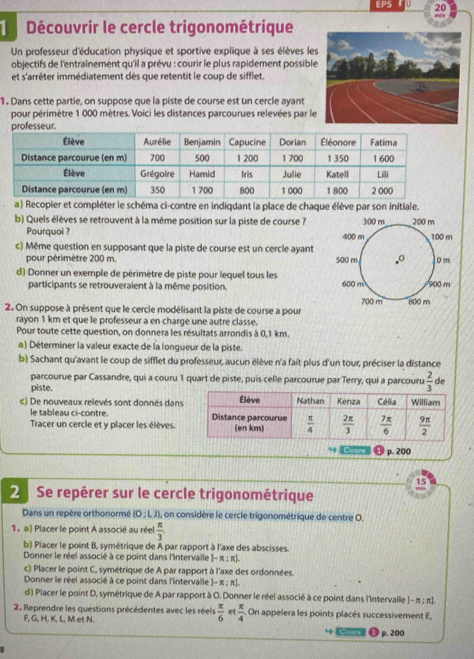 EPS 20
mn
1 Découvrir le cercle trigonométrique
Un professeur d'éducation physique et sportive explique à ses élèves les
objectifs de l'entraînement qu'il a prévu : courir le plus rapidement possible
et s'arrêter immédiatement dès que retentit le coup de sifflet.
1 . Dans cette partie, on suppose que la piste de course est un cercle ayant
pour périmètre 1 000 mètres. Voici les distances parcourues relevées par le
professeur.
a) Recopier et compléter le schéma ci-contre en indiquant la place de chaque élève par son initiale.
b) Quels élèves se retrouvent à la même position sur la piste de course ? 300 m 200 m
Pourquoi ? 400 m 100 m
c) Même question en supposant que la piste de course est un cercle ayant
pour périmètre 200 m. 500 m 。 D m
d) Donner un exemple de périmètre de piste pour lequel tous les
participants se retrouveraient à la même position, 600 m 900 m
700 m 800 m
2. On suppose à présent que le cercle modélisant la piste de course a pour
rayon 1 km et que le professeur a en charge une autre classe.
Pour toute cette question, on donnera les résultats arrondis à 0,1 km.
a) Déterminer la valeur exacte de la longueur de la piste.
b) Sachant qu'avant le coup de sifflet du professeur, aucun élève n'a fait plus d'un tour, préciser la distance
parcourue par Cassandre, qui a couru 1 quart de piste, puis celle parcourue par Terry, qui a parcouru
piste.  2/3  de
c) De nouveaux relevés sont donnés dans
le tableau ci-contre. 
Tracer un cercle et y placer les élèves.
Cours p. 200
15
2 Se repérer sur le cercle trigonométrique
Dans un repère orthonormé (O;LJ) ), on considère le cercle trigonométrique de centre O.
1 a) Placer le point A associé au réel  π /3 .
b) Placer le point B, symétrique de A par rapport à l'axe des abscisses.
Donner le réel associé à ce point dans l'intervalle -π :π ].
c) Placer le point C, symétrique de A par rapport à l'axe des ordonnées.
Donner le réel associé à ce point dans l'intervalle ]- π ; π].
d) Placer le point D, symétrique de A par rapport à O. Donner le réel associé à ce point dans l'intervalle ]- π ; π].
2. Reprendre les questions précédentes avec les réels  π /6  et  π /4 . On appelera les points placés successivement E,
F, G, H, K, L, M et N.
Coure p. 200
8