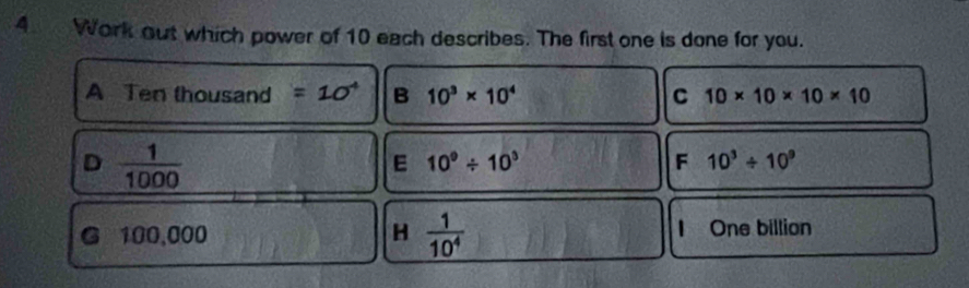 Work out which power of 10 each describes. The first one is done for you.
A Ten thousand =10^4 B 10^3* 10^4 C 10* 10* 10* 10
D  1/1000 
E 10^9/ 10^3
F 10^3/ 10^9
G 100,000 H  1/10^4  One billion