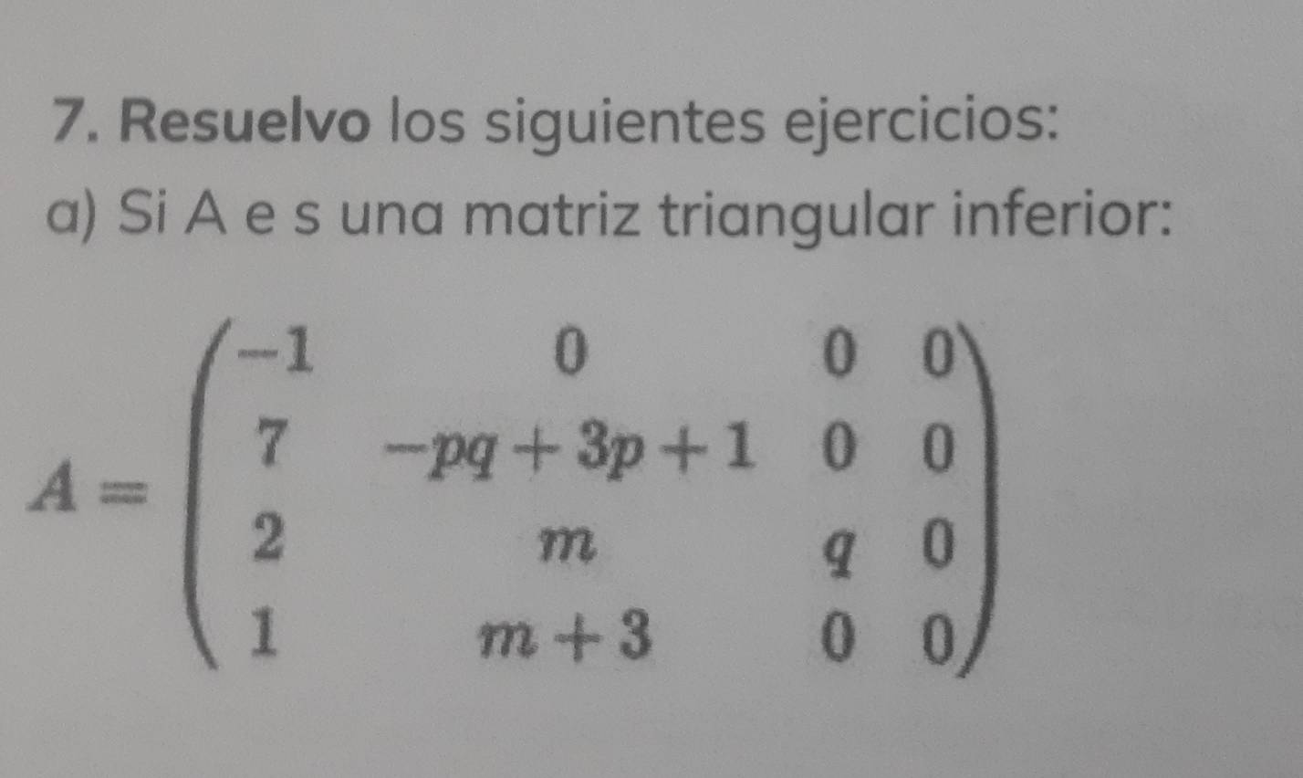 Resuelvo los siguientes ejercicios: 
a) Si A e s una matriz triangular inferior:
A=beginpmatrix -1&0&0&0 7&-pq+3p+1&0&0 2&m&q&0 1&m+3&0&0endpmatrix