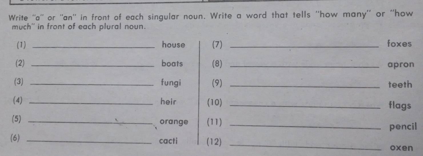 Write ''a'' or ''an'' in front of each singular noun. Write a word that tells ''how many'' or ''how 
much'' in front of each plural noun. 
(1) _house (7) _foxes 
(2) _boats (8) _apron 
(3) _fungi (9) _teeth 
(4) _heir (10) _flags 
(5) _orange (11)_ 
pencil 
(6) _cacti (12)_ 
oxen