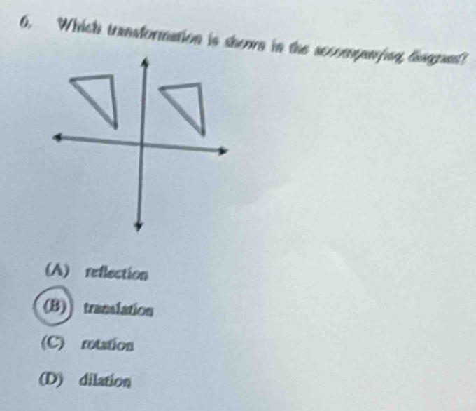 Which transformation is shown in the accompanying diagran?
(A) reflection
(B)translation
(C) rotation
(D) dilation