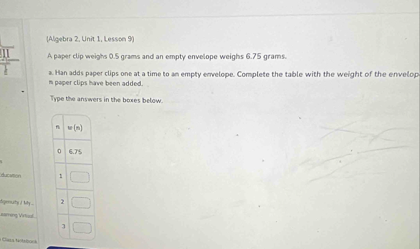 (Algebra 2, Unit 1, Lesson 9)
A paper clip weighs 0.5 grams and an empty envelope weighs 6.75 grams.
a. Han adds paper clips one at a time to an empty envelope. Complete the table with the weight of the envelop
n paper clips have been added.
Type the answers in the boxes below.
ducation 
dgenuity / My ... 
eaming Virtual
Class Notebonk