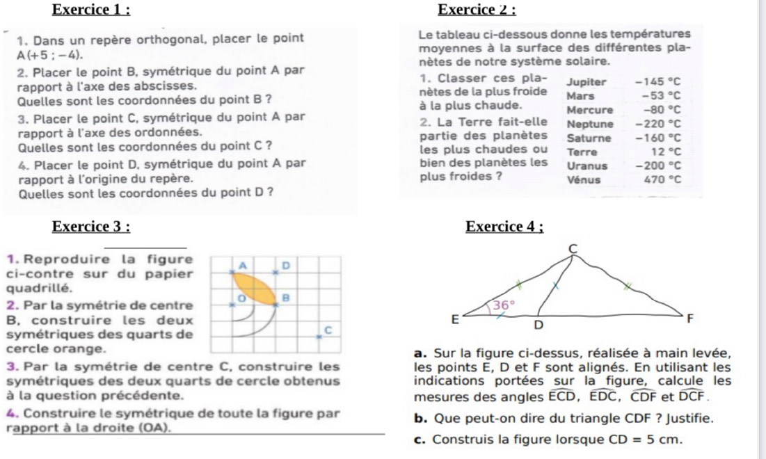 Dans un repère orthogonal, placer le point Le tableau ci-dessous donne les températures
moyennes à la surface des différentes pla-
A(+5;-4).
nètes de notre système solaire.
2. Placer le point B, symétrique du point A par 1. Classer ces pla-
-145°C
rapport à l'axe des abscisses. nètes de la plus froide Jupiter Mars -53°C
Quelles sont les coordonnées du point B ? Mercure -80°C
à la plus chaude.
3. Placer le point C, symétrique du point A par 2. La Terre fait-elle Neptune -220°C
rapport à l'axe des ordonnées. partie des planètes Saturne -160°C
Quelles sont les coordonnées du point C ? Terre 12°C
les plus chaudes ou
4. Placer le point D, symétrique du point A par bien des planètes les Uranus -200°C
rapport à l'origine du repère. plus froides ? Vénus 470°C
Quelles sont les coordonnées du point D ?
Exercice 3 : Exercice 4 ;
1. Reproduire la figure 
ci-contre sur du papier
quadrillé.
2. Par la symétrie de centre
B, construire les deux 
symétriques des quarts de
cercle orange.a. Sur la figure ci-dessus, réalisée à main levée,
3. Par la symétrie de centre C, construire les les points E, D et F sont alignés. En utilisant les
symétriques des deux quarts de cercle obtenus indications portées sur la figure, calcule les
à la question précédente. mesures des angles widehat ECD,widehat EDC,widehat CDF et widehat DCF.
4. Construire le symétrique de toute la figure par b. Que peut-on dire du triangle CDF ? Justifie.
rapport à la droite (OA).
c. Construis la figure lorsque CD=5cm.