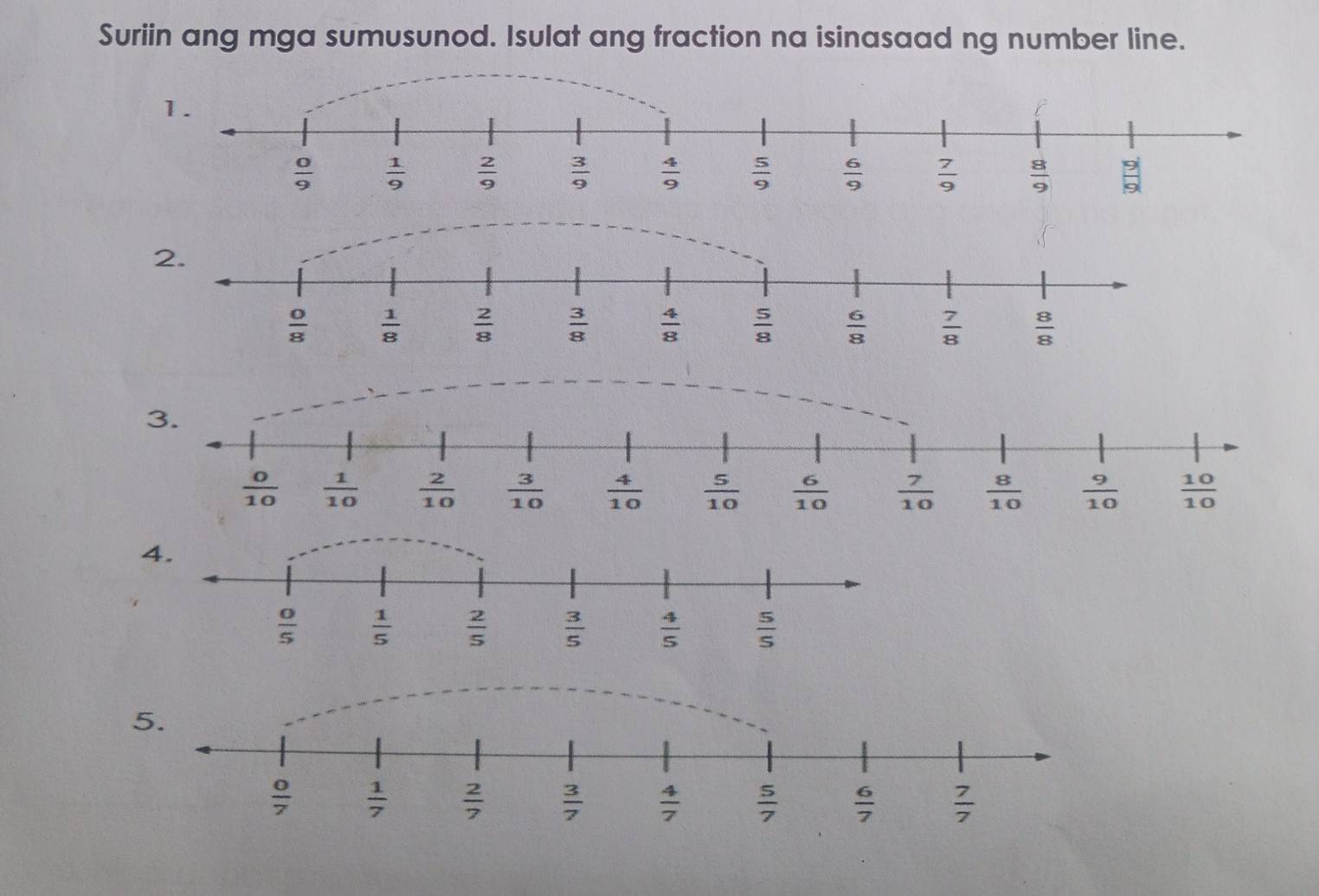 Suriin ang mga sumusunod. Isulat ang fraction na isinasaad ng number line.