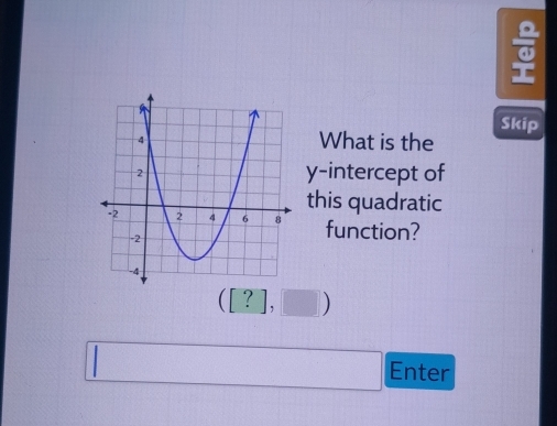 Skip 
What is the 
y-intercept of 
this quadratic 
function? 
([?], ) 
Enter