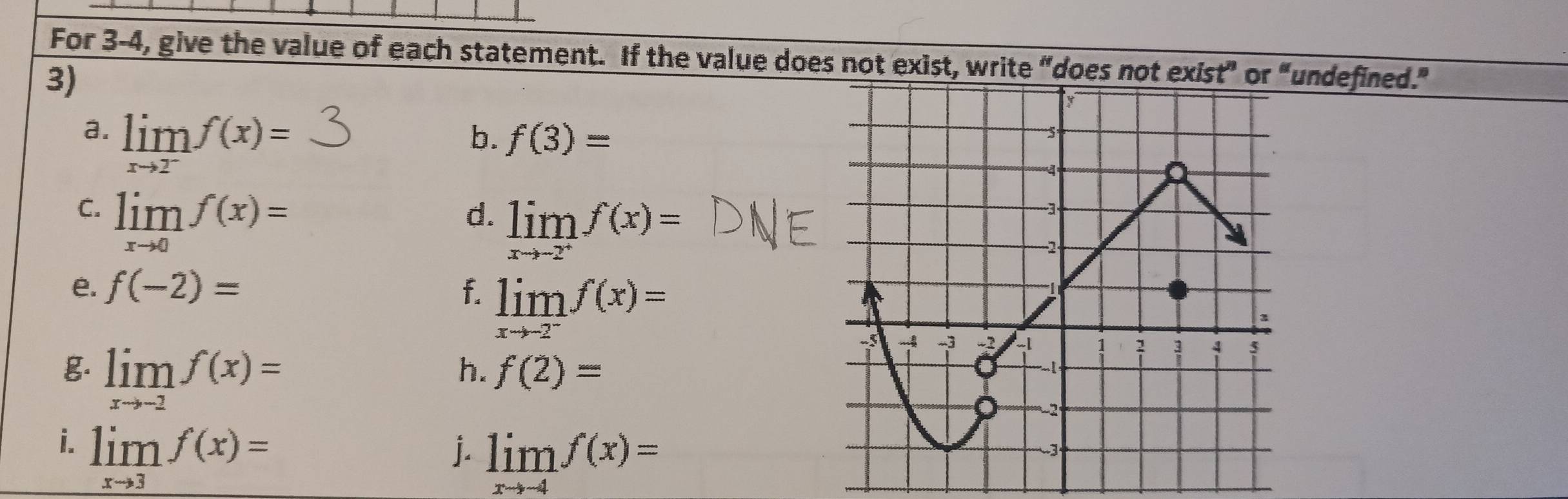 For 3-4, give the value of each statement. If the value does not exist, write “does not exist” undefined.” 
3) 
a. limlimits _xto 2^-f(x)=
b. f(3)=
C. limlimits _xto 0f(x)=
d. limlimits _xto -2^+f(x)=
e. f(-2)= f. limlimits _xto -2^-f(x)=
g. limlimits _xto -2f(x)=
h. f(2)=
i. limlimits _xto 3f(x)=
j. limlimits _xto -4f(x)=