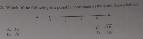 Which of the following is a possible coordinate of the point shown below?
A. 3π
C. sqrt(10)
B. sqrt(3) D. ^3sqrt(10)