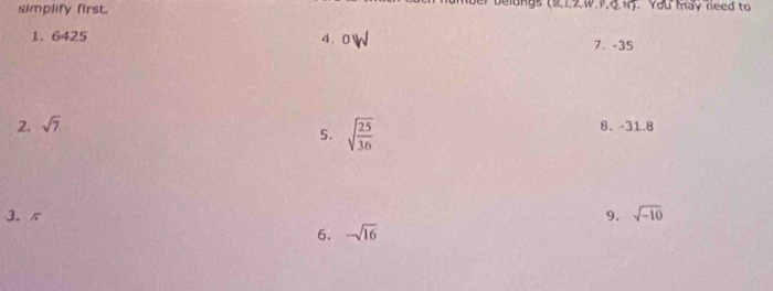 simplify first. ongs (2ZZ.W.P.&N). You may need to 
4. 
1. 6425 7. -35
2, sqrt(7)
5. sqrt(frac 25)36
8、 -31.8
3. π 9. sqrt(-10)
6. -sqrt(16)