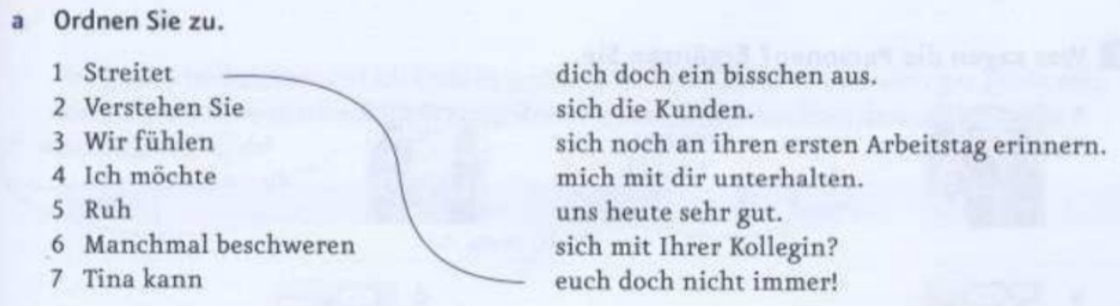 a Ordnen Sie zu. 
1 Streitet dich doch ein bisschen aus. 
2 Verstehen Sie sich die Kunden. 
3 Wir fühlen sich noch an ihren ersten Arbeitstag erinnern. 
4 Ich möchte mich mit dir unterhalten. 
5 Ruh uns heute sehr gut. 
6 Manchmal beschweren sich mit Ihrer Kollegin? 
7 Tina kann euch doch nicht immer!