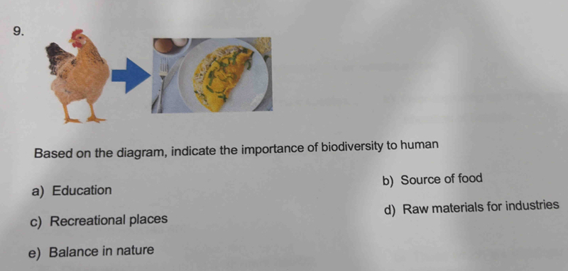 Based on the diagram, indicate the importance of biodiversity to human
a) Education b) Source of food
c) Recreational places d) Raw materials for industries
e) Balance in nature