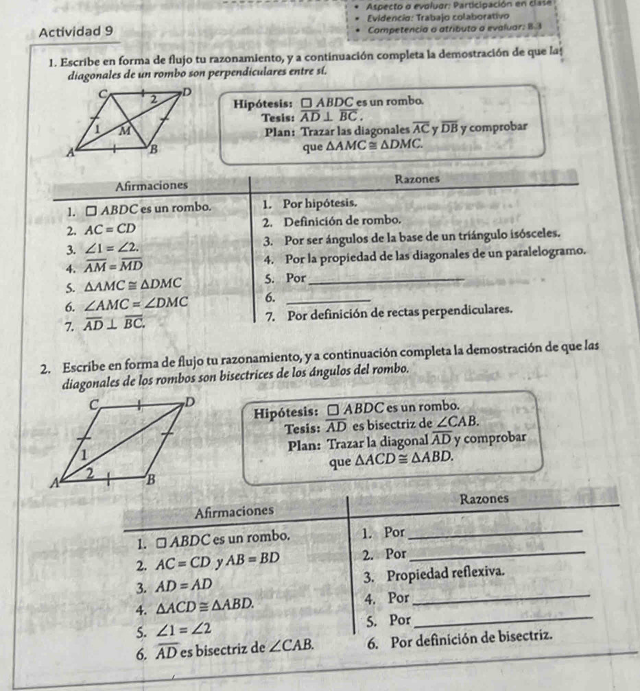 Aspecto o evoluar: Participación en clase
Actividad 9  Evidencia: Trabajo colaborativo
Competencia a atríbuto a evaluar: 8 3
1. Escribe en forma de flujo tu razonamiento, y a continuación completa la demostración de que la
diagonales de un rombo son perpendiculares entre sí.
Hipótesis: □ AI BD ( s un rombo
Tesis: overline AD⊥ overline BC.
Plan: Trazar las diagonales overline AC y overline DB y comprobar
que △ AMC≌ △ DMC.
Afirmaciones Razones
1. □ ABDC es un rombo. 1. Por hipótesis.
2. AC=CD 2. Definición de rombo.
3. ∠ 1=∠ 2. 3. Por ser ángulos de la base de un triángulo isósceles.
4. overline AM=overline MD
4. Por la propiedad de las diagonales de un paralelogramo.
5. △ AMC≌ △ DMC 5. Por_
6. ∠ AMC=∠ DMC 6._
7. overline AD⊥ overline BC.
7. Por definición de rectas perpendiculares.
2. Escribe en forma de flujo tu razonamiento, y a continuación completa la demostración de que las
diagonales de los rombos son bisectrices de los ángulos del rombo.
Hipótesis: □ ABDC es un rombo.
Tesis: overline AD es bisectriz de ∠ CAB.
Plan: Trazar la diagonal overline AD y comprobar
que △ ACD≌ △ ABD.
Afirmaciones Razones
1. □ ABDC es un rombo. 1. Por_
2. AC=CD y AB=BD 2. Por_
3. AD=AD 3. Propiedad reflexiva.
4. △ ACD≌ △ ABD. 4. Por
_
5. ∠ 1=∠ 2 S. Por
_
6. overline AD es bisectriz de ∠ CAB. 6. Por definición de bisectriz.