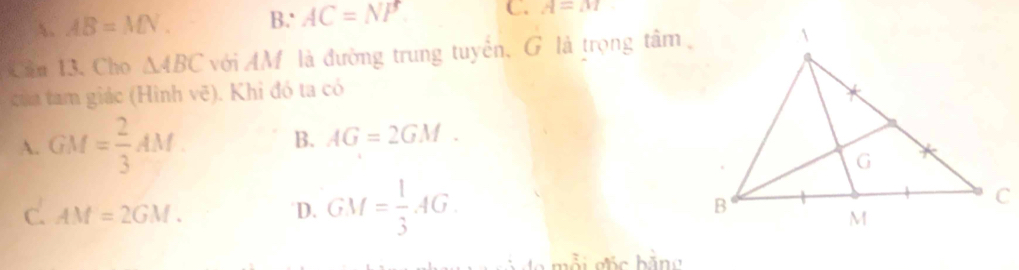 A. AB=MN. B. AC=NP. C. A=M
n 13. Cho △ ABC với Mô là đường trung tuyến, G là trọng tâm
của tam giác (Hình vẽ). Khi đó ta có
A. GM= 2/3 AM. B. AG=2GM.
C. AM=2GM. D. GM= 1/3 AG.