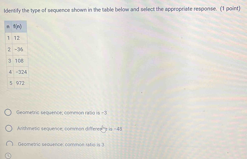 Identify the type of sequence shown in the table below and select the appropriate response. (1 point)
Geometric sequence; common ratio is -3
Arithmetic sequence; common differen' is -48
Geometric seauence: common ratio is 3