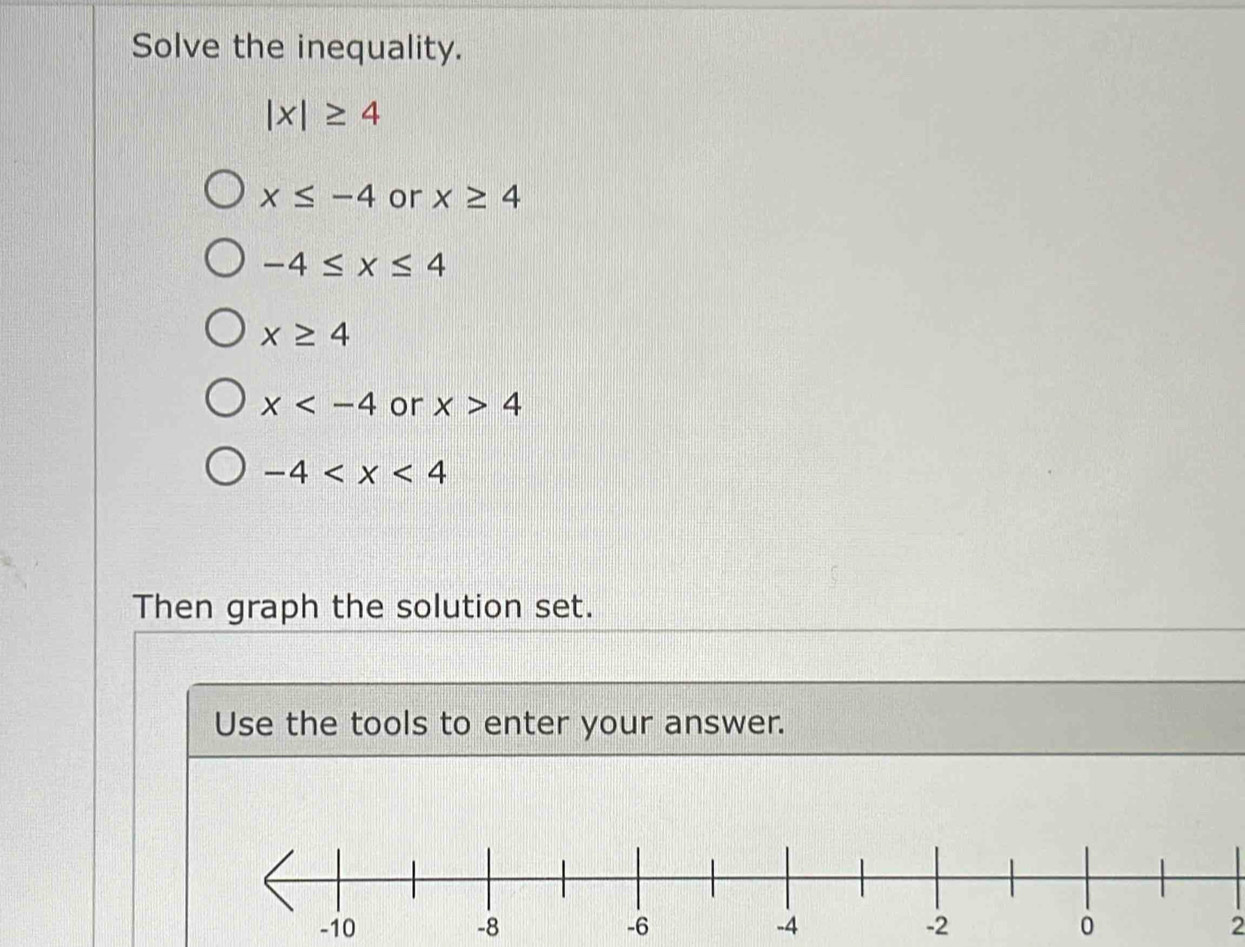 Solve the inequality.
|x|≥ 4
x≤ -4 or x≥ 4
-4≤ x≤ 4
x≥ 4
x or x>4
-4
Then graph the solution set.
Use the tools to enter your answer.
2