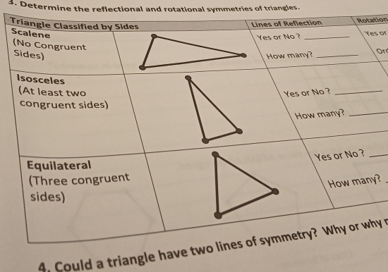 Determine the reflectional and rotational symmetries of triangles. 
T 
tion 
s or 
Orr 
_ 
y? 
4. Could a triangy