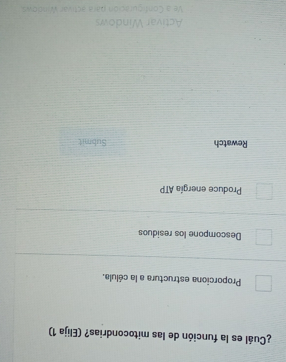 ¿Cuál es la función de las mitocondrias? (Elija 1)
Proporciona estructura a la célula.
Descompone los residuos
Produce energía ATP
Rewatch Submit
Activar Windows
Ve a Configuración para activar Windows