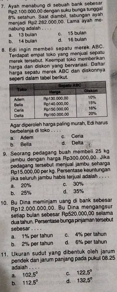 Ayah menabung di sebuah bank sebesar
Rp2.100.000,00 dengan suku bunga tunggal
8% setahun. Saat diambil, tabungan ayah
menjadi Rp2.282.000,00. Lama ayah me-
nabung adalah . . . .
a. 13 bulan c. 15 bulan
b. 14 bulan d. 16 bulan
8. Edi ingin membeli sepatu merek ABC.
Terdapat empat toko yang menjual sepatu
merek tersebut. Keempat toko memberikan
harga dan diskon yang bervariasi. Daftar
harga sepatu merek ABC dan diskonnya
seperti dalam tabel berikut.
Agar diperoleh harga paling murah, Edi harus
berbelanja di toko . . . .
a. Adem c. Ceria
b. Bella d. Delta
9. Seorang pedagang buah membeli 25 kg
jambu dengan harga Rp300.000,00. Jika
pedagang tersebut menjual jambu seharga
Rp15.000,00 per kg. Persentase keuntungan
jika seluruh jambu habis terjual adalah . . . .
a. 20% c. 30%
b. 25% d. 35%
10. Bu Dina meminjam uang di bank sebesar
Rp12.000.000,00. Bu Dina mengangsur
setiap bulan sebesar Rp520.000,00 selama
dua tahun. Persentase bunga pinjaman tersebut
sebesar . . . .
a. 1% per tahun c. 4% per tahun
b. 2% per tahun d. 6% per tahun
11. Ukuran sudut yang dibentuk oleh jarum
pendek dan jarum panjang pada pukul 08.25
adaiah ....
a. 102,5° C. 122,5°
b. 112,5° d. 132,5°