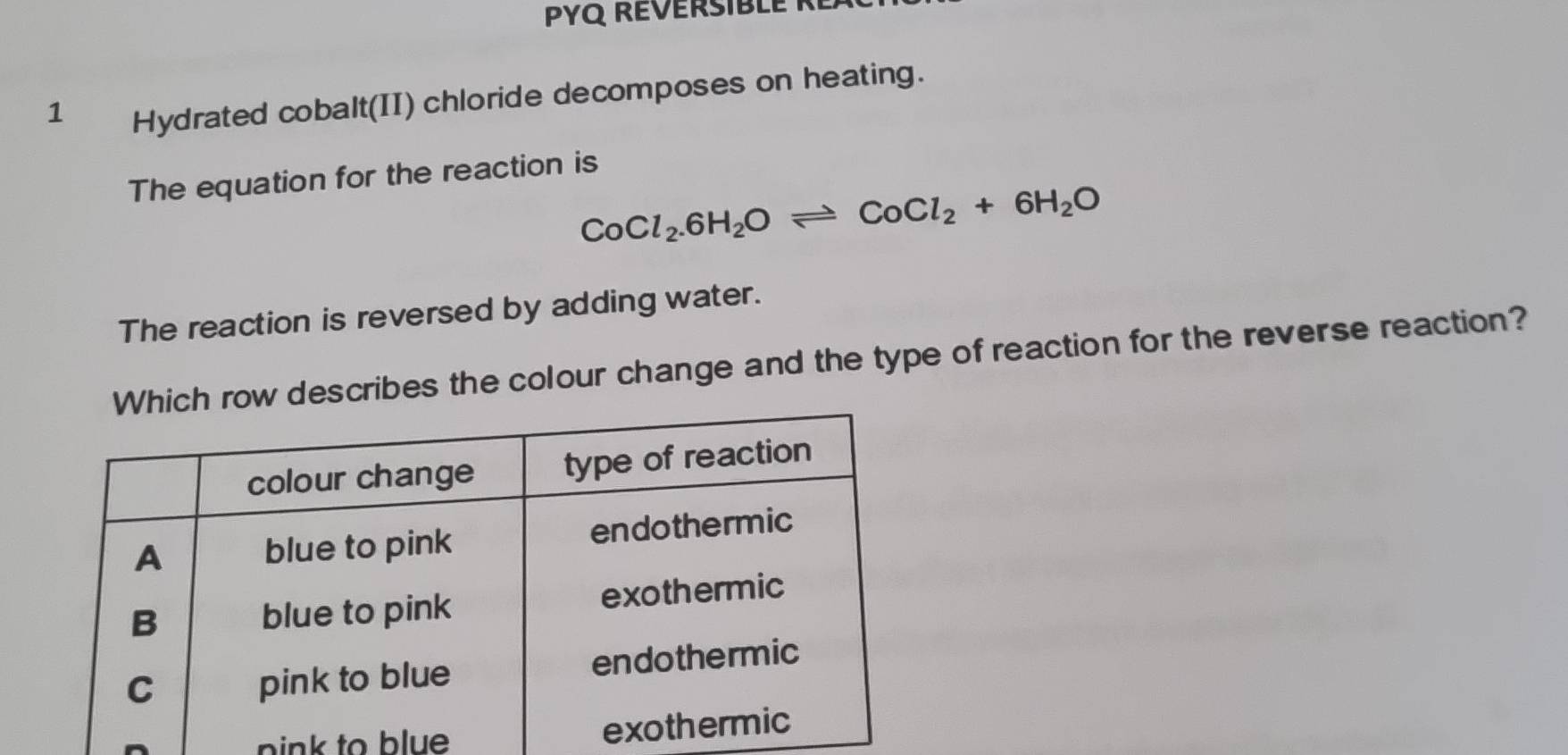 Pyq révérsible Ré 
1 Hydrated cobalt(II) chloride decomposes on heating. 
The equation for the reaction is
CoCl_2.6H_2Oleftharpoons CoCl_2+6H_2O
The reaction is reversed by adding water. 
w describes the colour change and the type of reaction for the reverse reaction? 
nink to blue