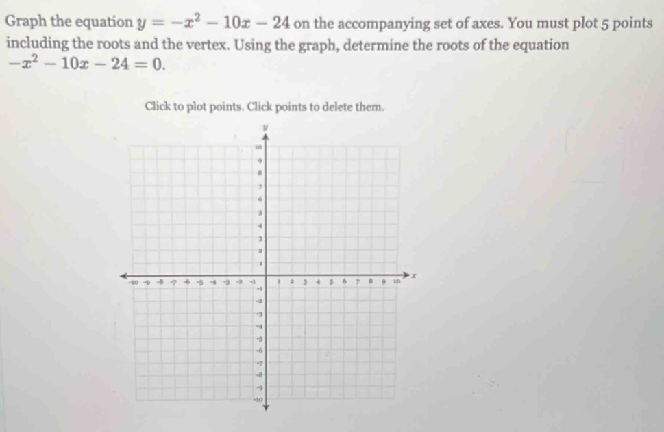 Graph the equation y=-x^2-10x-24 on the accompanying set of axes. You must plot 5 points 
including the roots and the vertex. Using the graph, determine the roots of the equation
-x^2-10x-24=0. 
Click to plot points. Click points to delete them.