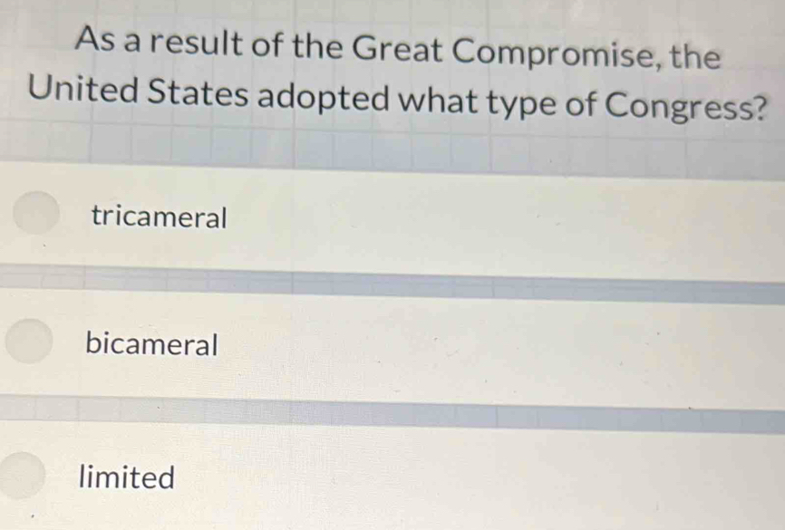 As a result of the Great Compromise, the
United States adopted what type of Congress?
tricameral
bicameral
limited