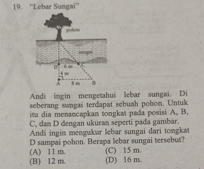 “Lebar Sungai”
Andi ingin mengetahui lebar sungai. Di
seberang sungai terdapat sebuah pohon. Untuk
itu dia menancapkan tongkat pada posisi A, B,
C, dan D dengan ukuran seperti pada gambar.
Andi ingin mengukur lebar sungai dari tongkat
D sampai pohon. Berapa lebar sungai tersebut?
(A) 11 m. (C) 15 m.
(B) 12 m. (D) 16 m.