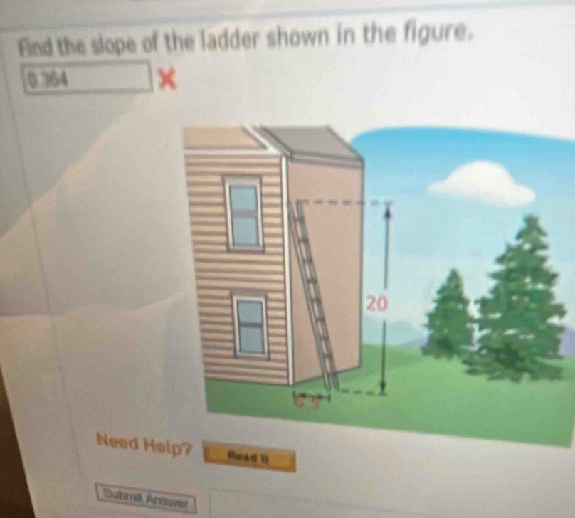 Find the slope of the ladder shown in the figure.
0334 ×
20
Need Help? Read I 
Submil, Answer