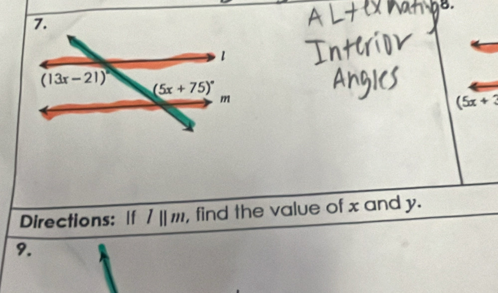 (5x+3
Directions: If l||m , find the value of x and y.
9.