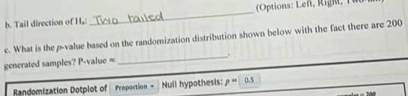 Tail direction of H₄: _ Options: Lef, Right , T 
c. What is the p -value based on the randomization distribution shown below with the fact there are 200
generated samples? P -value ≈ 
_ 
Randomization Dotplot of Proportion = Null hypothesis: p=0.5
-100