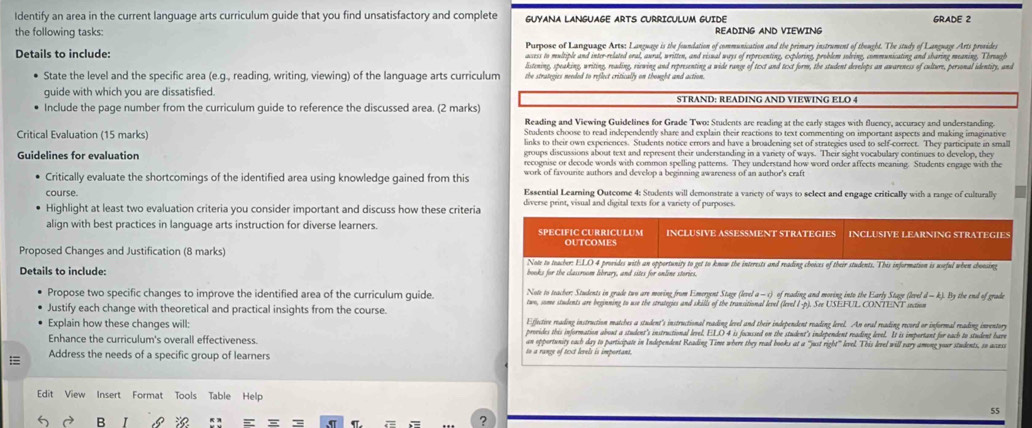 Identify an area in the current language arts curriculum guide that you find unsatisfactory and complete GUYANA LANGUAGE ARTS CURRICULUM GUIDE GRADE 2
the following tasks: READING AND VIEWING
Details to include: Purpose of Language Arts: Language is the foundation of communication and the primary instrument of thought. The study of Language Arts prevides
access to multiple and inter-related oral, aural, written, and visual ways of representing, exploring, problem solving, communicating and sharing meaning, Throug
listening, speaking, writing, reading, viewing and representing a wide range of text and text form, the student develops an awareness of culture, personal identity, and
State the level and the specific area (e.g., reading, writing, viewing) of the language arts curriculum the strategies needed to reflect critically on thought and action.
guide with which you are dissatisfied.
Include the page number from the curriculum guide to reference the discussed area. (2 marks) STRAND: READING AND VIEWING ELO 4
Reading and Viewing Guidelines for Grade Two: Students are reading at the early stages with fluency, accuracy and understanding.
Students choose to read independently share and explain their reactions to text commenting on important aspects and making imaginative
Critical Evaluation (15 marks) links to their own experiences. Students notice errors and have a broadening set of strategies used to self-correct. They participate in small
Guidelines for evaluation groups discussions about text and represent their understanding in a variety of ways. Their sight vocabulary continues to develop, they
recognise or decode words with common spelling patterns. They understand how word order affects meaning. Students engage with the
Critically evaluate the shortcomings of the identified area using knowledge gained from this work of favourite authors and develop a beginning awareness of an author's craft
course. Essential Learning Outcome 4: Students will demonstrate a variety of ways to select and engage critically with a range of culturally
Highlight at least two evaluation criteria you consider important and discuss how these criteria diverse print, visual and digital texts for a variety of purposes.
align with best practices in language arts instruction for diverse learners SPECIFIC CURRICULUM INCLUSIVE ASSESSMENT STRATEGIES INCLUSIVE LEARNING STRATEGIES
OUTCOMES
Proposed Changes and Justification (8 marks) Note to teacher: E.LO 4 provides with an opportunity to get to know the interests and reading choices of their students. This information is useful when choosing
Details to include: books for the classcroom library, and sites for online stories
Note to teacher: Students in grade two are moving from Emergent Stage (level a - c) of reading and moving into the Early Stage (level d - k). By the end of grade
Propose two specific changes to improve the identified area of the curriculum guide. two, some students are beginning to use the strategies and skills of the transitional level (level l-p). See USEFUL CONTENT section
Justify each change with theoretical and practical insights from the course. Effective reading instruction matches a student's instructional reading level and their independent reading level. An oral reading record or informal reading inventory
Explain how these changes will: provides this information about a student's instructional level. ELO 4 is focussed on the student's independent reading level. It is important for each to student bare
Enhance the curriculum's overall effectiveness. an opportunity cach day to participate in Independent Reading Time where they read books at a "just right'' level. This level will eary amone your students, so acnse
Address the needs of a specific group of learners to a range of tect lerels is important.
Edit View Insert Format Tools Table Help
55
B s  = ?